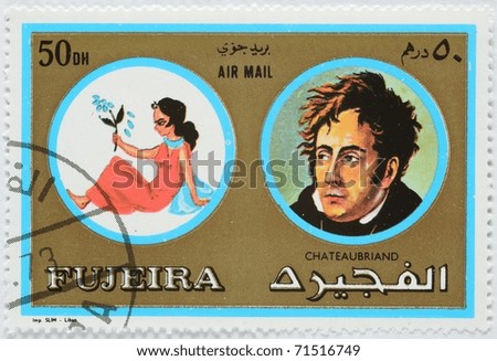 FUJEIRA - CIRCA 1971: a stamp from Fujeira, from the Zodiac Signs of Famous People series, shows image of Virgo and the French writer, politician and diplomat, Francois Chateaubriand, circa 1971