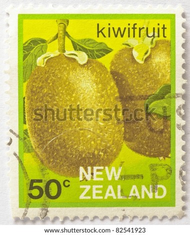 NEW ZEALAND - CIRCA 1983: a 50 cent stamp from New Zealand (catalogue number Scott 2008 765) shows image of kiwi fruit, from the fruit export series, circa 1983