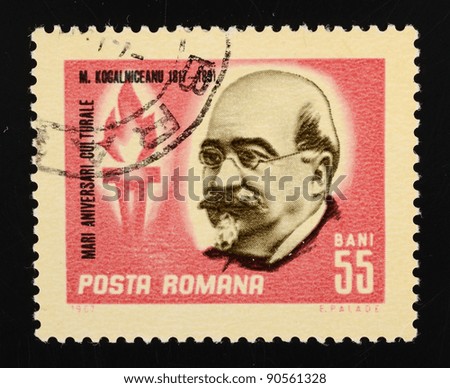 ROMANIA - CIRCA 1967: a stamp from Romania shows image of Mihail Kogalniceanu, the liberal statesman, lawyer, historian, publicist and Prime Minister of Romania from 1863-65, circa 1967