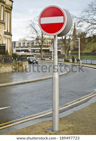 INVERNESS, SCOTLAND - DECEMBER 29: no entry sign by a one-way street on December 29, 2013 in Inverness, Scotland. One-way streets typically result in higher traffic flows.