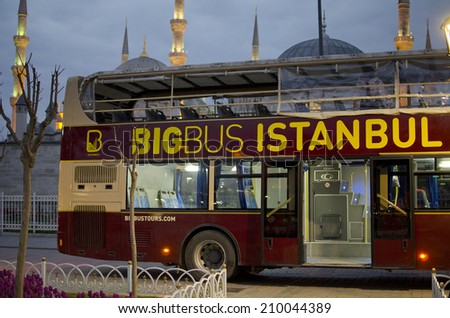 ISTANBUL, MARCH 26: tour bus near Hagia Sofia on March 27, 2014 in Istanbul, Turkey. Istanbul is the capital of Turkey and the largest city in Europe, with a population of 14.2 million.