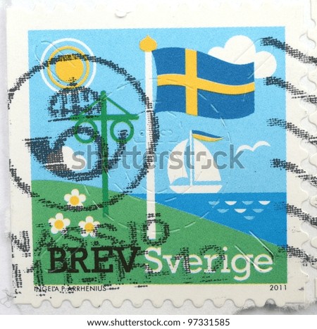 SWEDEN - CIRCA 2011: a stamp printed in Sweden shows an illustration of a Swedish flag by the sea, circa 2011