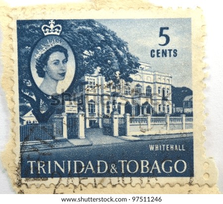 TRINIDAD AND TOBAGO - CIRCA 1960: A stamp from Trinidad and Tobago shows image of a large white mansion, Whitehall, the Prime Minister\'s office in Trinidad, circa 1960