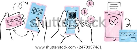 Contactless payment by phone, bank card, watch, and devices with NFS. Terminal, wallet, banknotes, coins, phone screen, online money transfers, banking. Watercolor Vector illustration