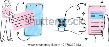 Contactless payment by phone, bank card, watch, and devices with NFS. Terminal, wallet, banknotes, coins, phone screen, online money transfers, banking. Watercolor Vector illustration