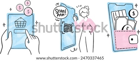 Contactless payment by phone, bank card, watch, and devices with NFS. Terminal, wallet, banknotes, coins, phone screen, online money transfers, banking. Watercolor Vector illustration