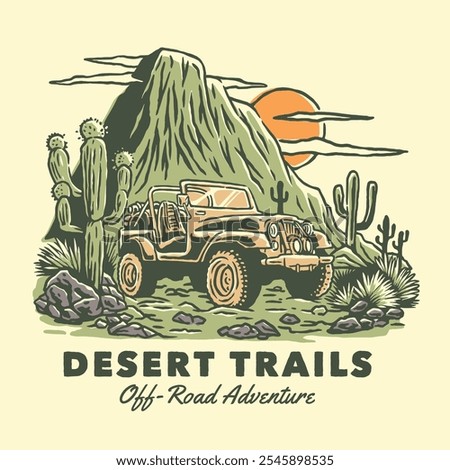 Car Campervan Desert Trails Adventure Logo with Mountains, Cactus, and Sunset Scene