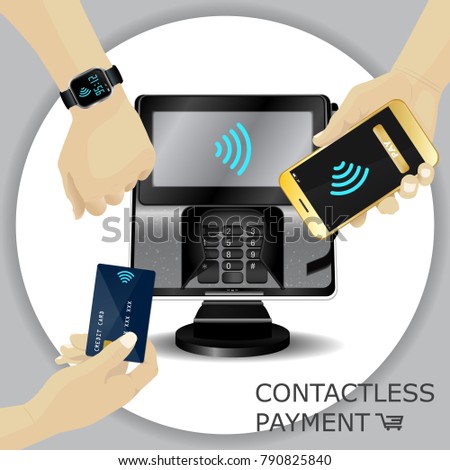 Contactless payment transaction terminal with display and pinpad. Wireless payment. POS terminal, MSR, EMV, NFC smartphone with pay button, hand holding credit card, smartwatch. Vector set.