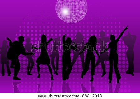 Dancer silhouettes and their reflections in the night club,with disco ball