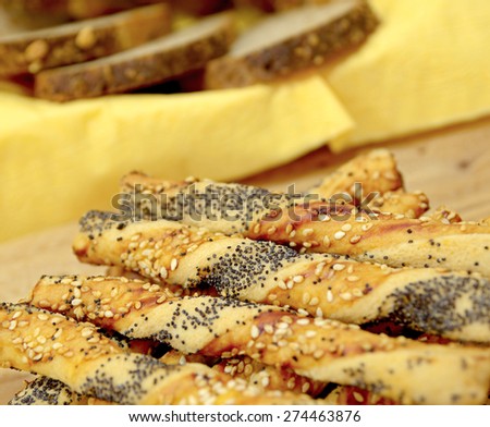salty sticks with sesame and poppy seeds, Bread sticks or Pretzel sticks