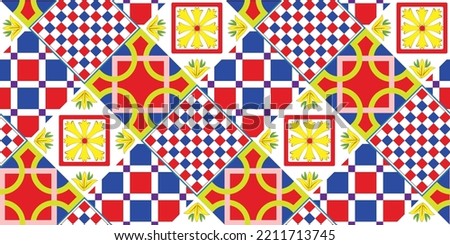 Abstract Geometric Tile Pattern Italian Sicily Style Moroccan Interior Design Perfect for Allover Fabric Print or Interior Kitchen Design Chic Sweet Color Combinations Florals Ornament Blue Red Tones