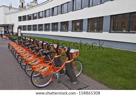 VILNIUS, LITHUANIA - OCTOBER 14: orange bikes on October 14, 2013 in Vilnius, Lithuania.