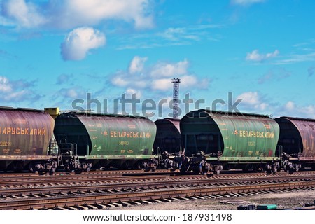LITHUANIA - APRIL 14: Wagon train wagon with fertilizers from Belarus on April, 2014 in Lithuania.