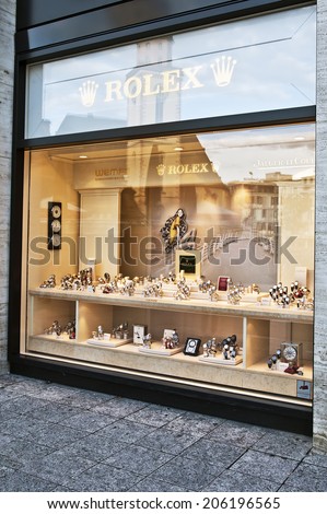 FRANKFURT,GERMANY-JUNE 29:Rolex store on June 29,2014 in Frankfurt, Germany .Rolex is a worldwide luxury watch brand relying on 4,000 watchmakers in over 100 countries.