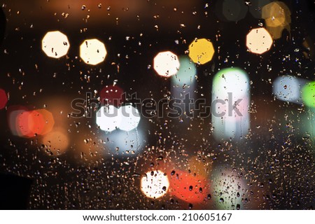 Wet the window with the background of the night city.