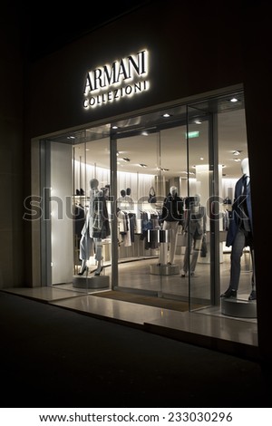 PARIS-NOV 22:ARMANI store at night on November 22,2014 in Paris.Giorgio Armani S.p.A. is an Italian fashion house.