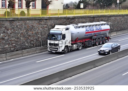MAINZ,GERMANY-FEB 09:red VOLVO oil truck on the highway on February 09,2015 in Mainz,Germany.Volvo Trucks is a global truck manufacturer based in Gothenburg, Sweden,owned by AB Volvo.