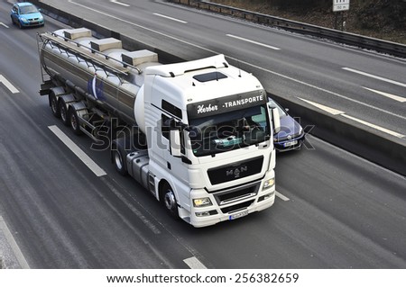 MAINZ,GERMANY-FEB 20:MAN oil  truck on the highway on February 20,2015 in Mainz,Germany.MAN SE, formerly MAN AG, is a German mechanical engineering company and parent company of the MAN Group.