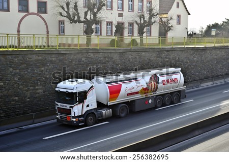MAINZ,GERMANY-FEB 20:SCANIA oil truck on the highway on February 20,2015 in Mainz,Germany.Scania, is a major Swedish automotive industry manufacturer of specifically heavy trucks and buses.