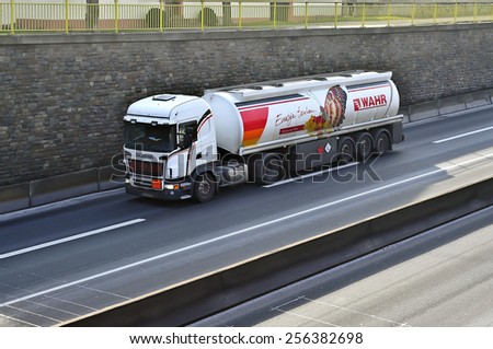 MAINZ,GERMANY-FEB 20:SCANIA oil truck on the highway on February 20,2015 in Mainz,Germany.Scania, is a major Swedish automotive industry manufacturer of specifically heavy trucks and buses.