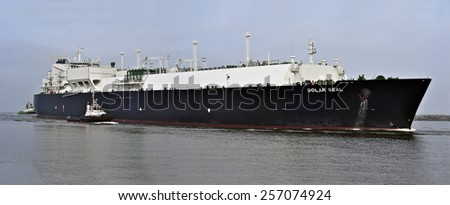 LITHUANIA- FEB 28:panoramic view on the GOLAR SEAL LNG Tanker  in very cloudy and foggy day  on February 28,2015 in Lithuania.GOLAR SEAL IMO 9624914 is LNG Tanker, registered in Marshall Islands.