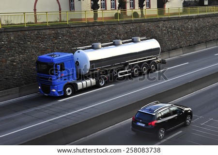 MAINZ, GERMANY - FEB 20: DAF oil truck on the highway on February 20,2015 in Mainz, Germany. DAF Trucks NV is a Dutch truck manufacturing company and a division of PACCAR Inc