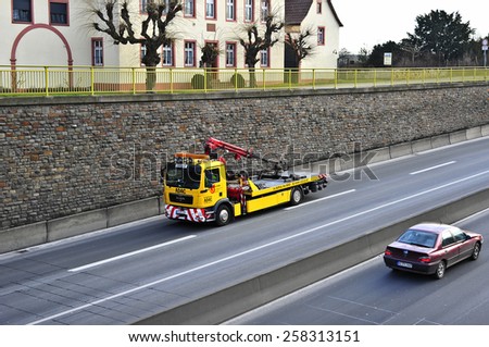 MAINZ,GERMANY-FEB 20: ADAC truck on the highway on February 20,2015 in Mainz,Germany.The ADAC is an automobile club in Germany, founded on May 24, 1903 as German Motorbiker Association.