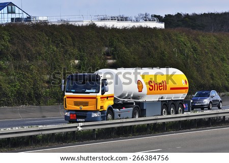 FRANKFURT,GERMANY - MARCH 28:Shell Oil Truck on the highway on March 28,2015 in Frankfurt, Germany.Royal Dutch Shell plc, commonly known as Shell, is an AngloÃ¢Â?Â?Dutch multinational oil and gas company.