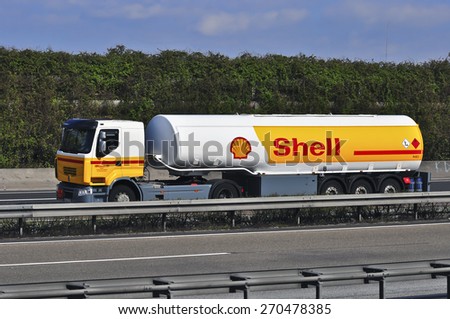 FRANKFURT,GERMANY - MARCH 28:Shell Oil Truck on the highway on March 28,2015 in Frankfurt, Germany.Royal Dutch Shell plc, commonly known as Shell, is an Anglo-Dutch multinational oil and gas company