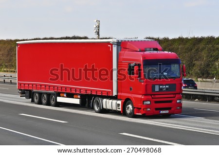 FRANKFURT,GERMANY-MARCH 28:NAN truck on the highway on March 28,2015 in Frankfurt,Germany.MAN SE, formerly MAN AG, is a German mechanical engineering company and parent company of the MAN Group.