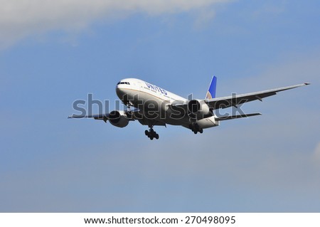 FRANKFURT,GERMANY-MARCH 28:airplane of United Airlines above the Frankfurt airport on March 28,2015 in Frankfurt,Germany.United Airlines- an American major airline headquartered in Chicago, Illinois.