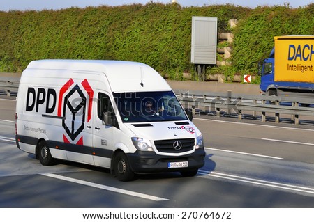 FRANKFURT,GERMANY-MARCH 280:DPD van on the highway on March 28,2015 in Frankfurt,Germany.Dynamic Parcel Distribution or DPD is an international parcel delivery company owned by GeoPost.