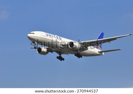 FRANKFURT,GERMANY-MARCH 28:Airplane of United Airlines on March 28,2015 in Frankfurt,Germany.United Airlines, Inc. is an American major airline headquartered in Chicago, Illinois.