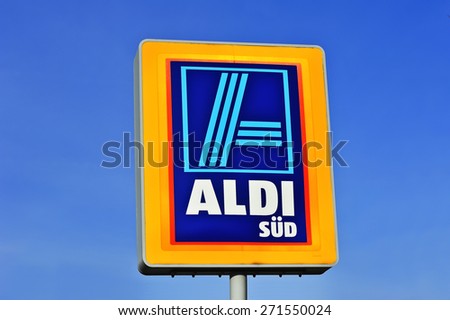 OPPENHEIM,GERMANY-MARCH 22:Aldi logo on March 22 in Oppenheim,Germany.Aldi is is a global discount supermarket chain based in Germany.