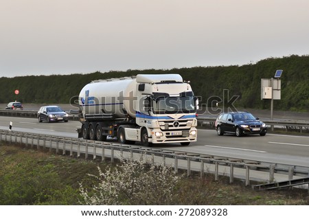 FRANKFURT,GERMANY - APRIL 10:Mercedes Benz oil truck on April,2015 in Frankfurt, Germany.MB is a German automobile manufacturer, a multinational division of the German manufacturer Daimler AG