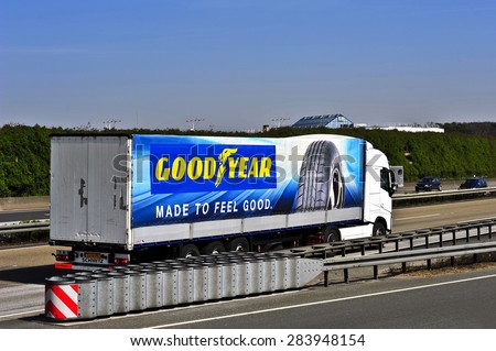 FRANKFURT,GERMANY-APRIL 10: truck of GOOD YEAR on the highway on April 10,2015 in Frankfurt,Germany.
