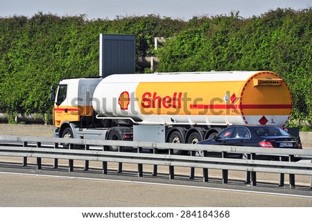 FRANKFURT,GERMANY - APRIL 10:Shell Oil Truck on the highway on April 10,2015 in Frankfurt, Germany.Royal Dutch Shell plc, commonly known as Shell, is an Anglo-Dutch multinational oil and gas company