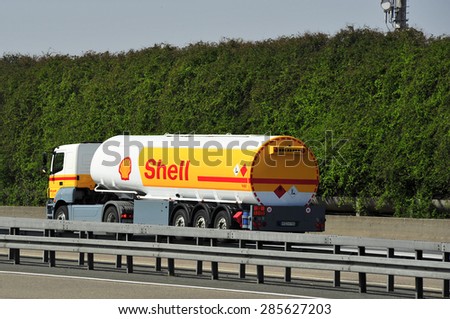 FRANKFURT,GERMANY - APRIL 10:Shell Oil Truck on the highway on April 10,2015 in Frankfurt, Germany.Royal Dutch Shell plc, commonly known as Shell, is an Anglo-Dutch multinational oil and gas company