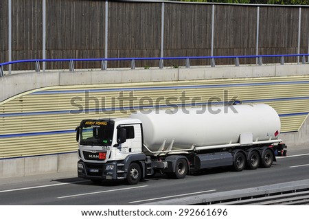 FRANKFURT,GERMANY - APRIL 24:MAN oil truck on the highway on April 24,2015 in Frankfurt, Germany.