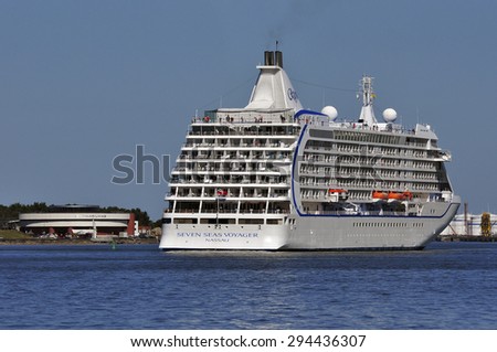 KLAIPEDA,LITHUANIA- JULY15:cruise liner SEVEN SEAS VOYAGER in Klaipeda harbor on July 15,2015 in Klaipeda,Lithuania.