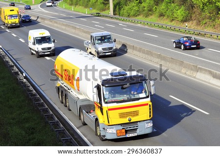FRANKFURT,GERMANY - APRIL 24:Shell Oil Truck on the highway on April 24,2015 in Frankfurt, Germany.Royal Dutch Shell plc, commonly known as Shell, is an Anglo-Dutch multinational oil and gas company.