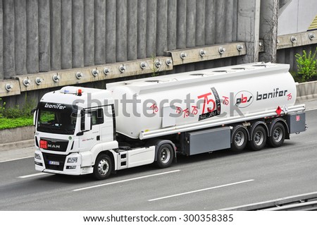 FRANKFURT,GERMANY - APRIL 16: Bonifer oil truck on the highway on April 16,2015 in Frankfurt, Germany.