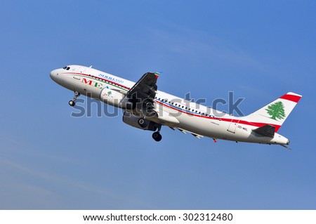 FRANKFURT,GERMANY-APRIL 10:airplane of Middle East Airlines on April 10,2015 in Frankfurt,Germany.Middle East Airlines  is the national flag-carrier airline of Lebanon, with its head office in Beirut