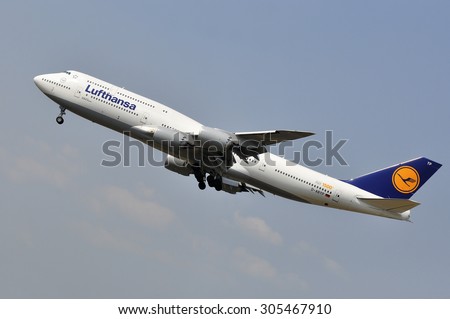 FRANKFURT,GERMANY-AUGUST 10:airplane of Lufthansa on August 10,2015 in Frankfurt,Germany.Lufthansa is a German airline and also the largest airline in Europe.