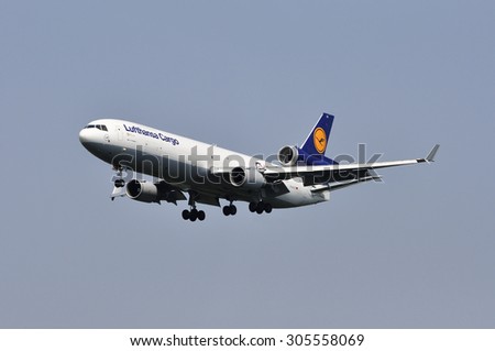 FRANKFURT,GERMANY-AUGUST 10:airplane of Lufthansa Cargo on August 10,2015 in Frankfurt,Germany. Lufthansa Cargo is a German cargo airline with its headquarters at Frankfurt airport.
