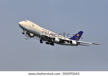 FRANKFURT,GERMANY-AUGUST 10:airplane of Saudi Airlines Cargo on August 10,2015 in Frankfurt,Germany.flights across Asia, Africa, Europe and the USA, reaching over 225 international destinations.