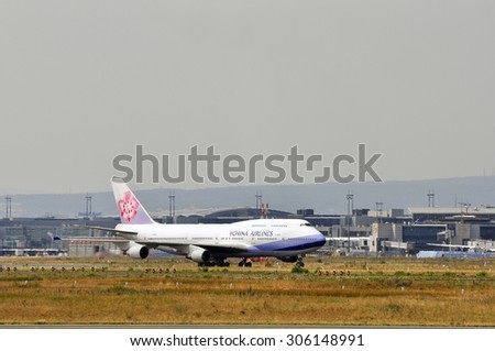 FRANKFURT,GERMANY-AUGUST 10:airplane of China Airlines on August 10,2015 in Frankfurt,Germany.China Airlines is the flag carrier and largest airline of the Republic of China.
