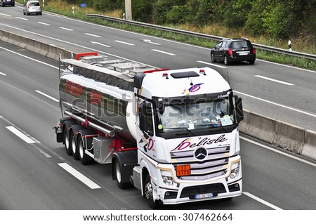 FRANKFURT,GERMANY - AUGUST 18:MERCEDES BENZ oil truck on the highway on August 18,2015 in Frankfurt, Germany.