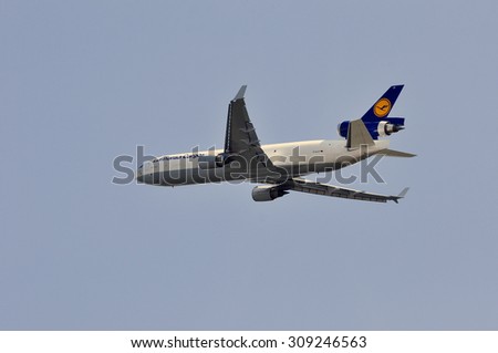 FRANKFURT,GERMANY-AUGUST 21:airplane of Lufthansa Cargo on August 21,2015 in Frankfurt,Germany. Lufthansa Cargo is a German cargo airline with its headquarters at Frankfurt airport.