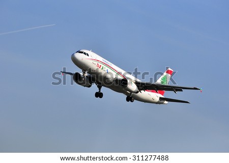 FRANKFURT,GERMANY-APRIL 10:airplane of Middle East Airlines on April 10,2015 in Frankfurt,Germany.Middle East Airlines is the national flag-carrier airline of Lebanon.